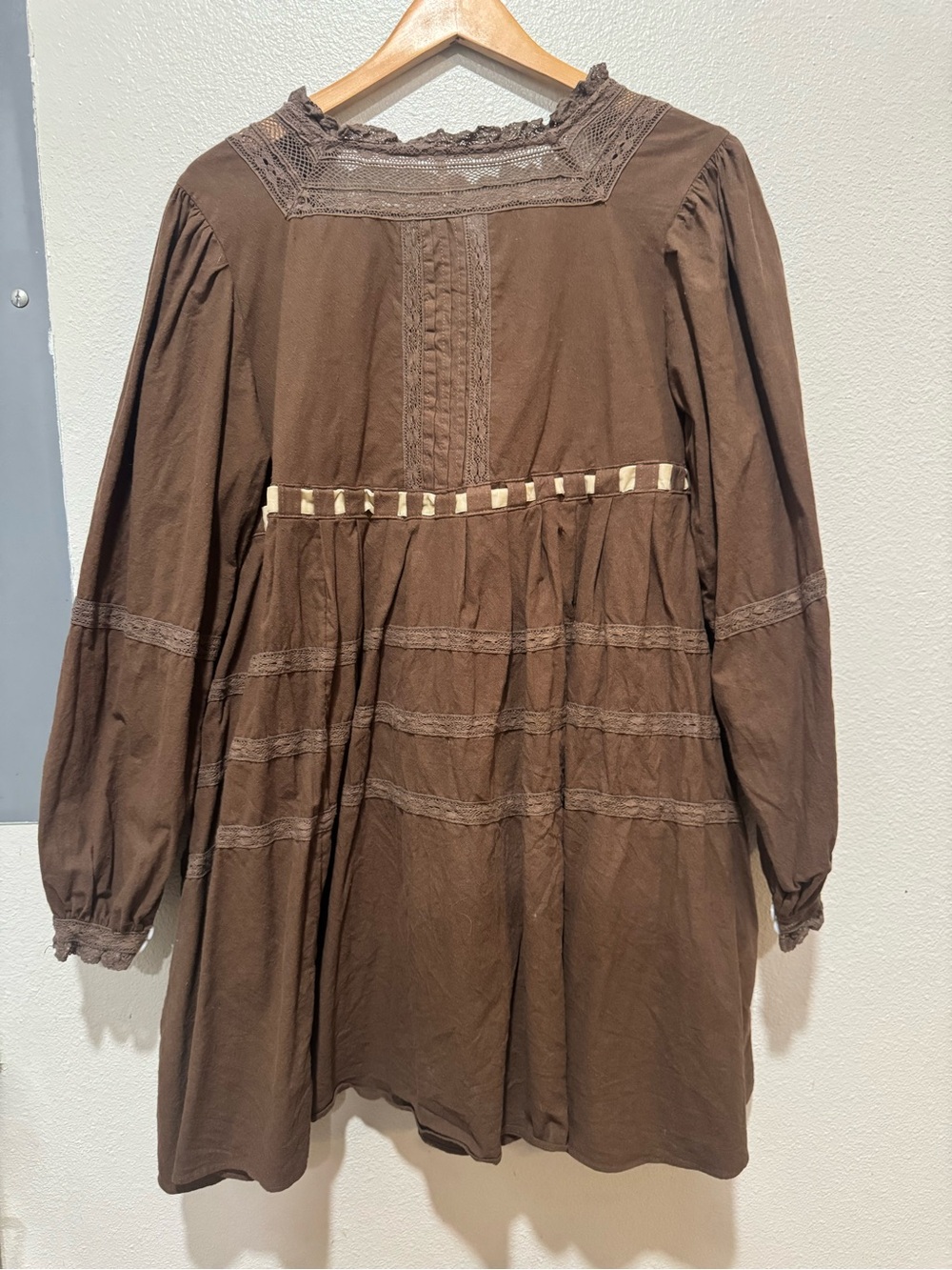 Free People Boho Peasant Tunic Dress with Contrast Ribbon Tie - Brown & Cream - Picture 5 of 7